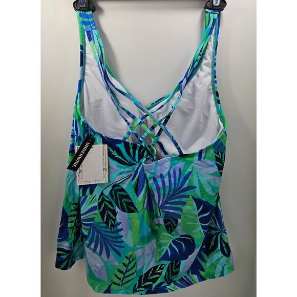 Women's Blue Tropical Leaves Crisscross Scoop Neck Sleeveless Tankini Top - Picture 5 of 6